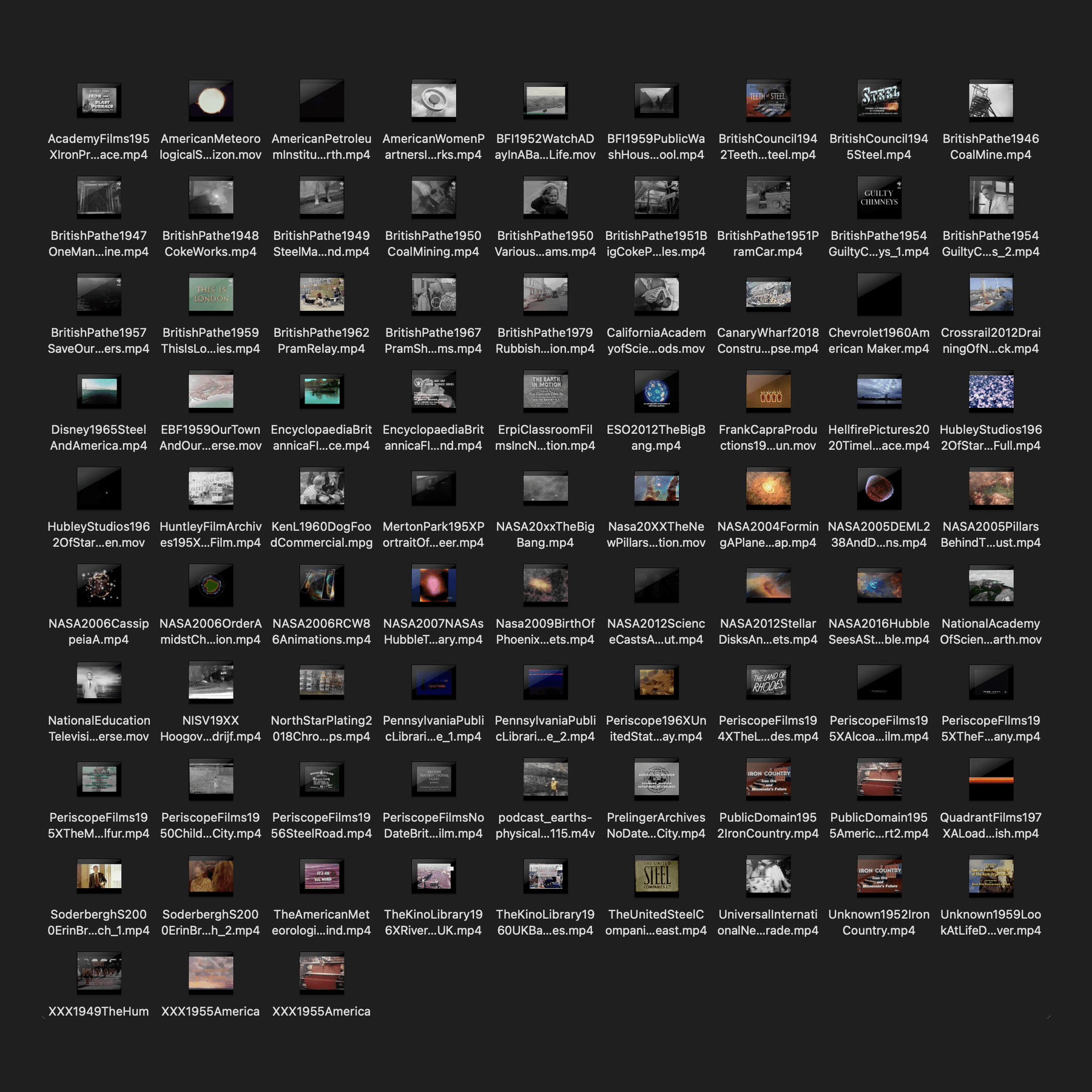 The 84 archival films that were remixed to create the found footage
documentaries.