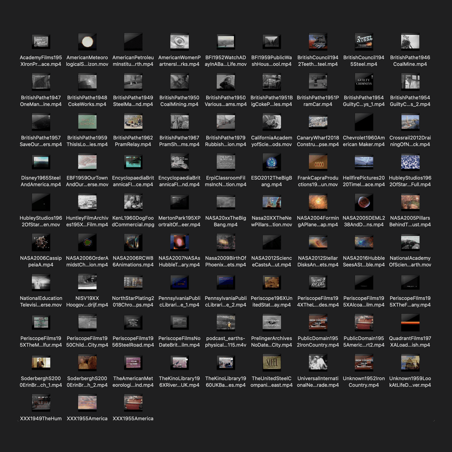 The 84 archival films that were remixed to create the found footage
documentaries.