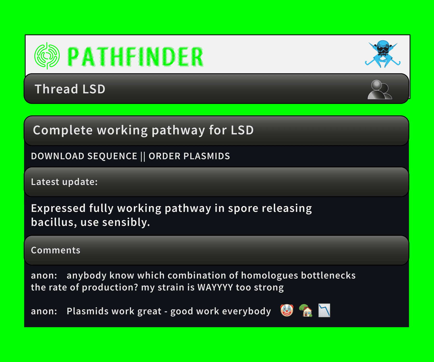 A screenshot of a fictional forum thread on "Pathfinder", a dark web forum
used to exchange DNA sequences.