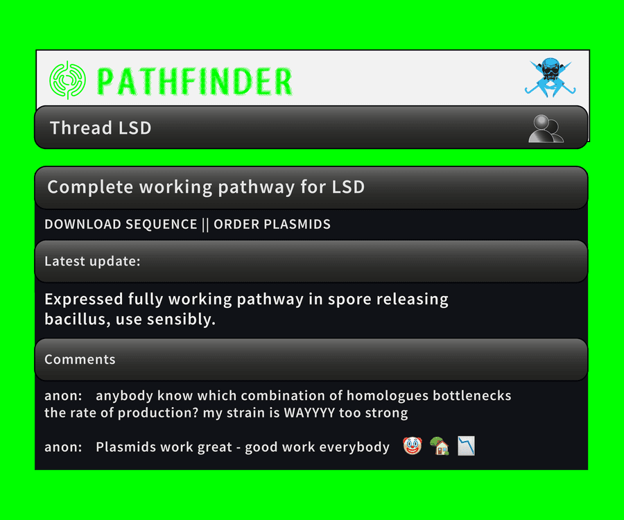 A screenshot of a fictional forum thread on "Pathfinder", a dark web forum
used to exchange DNA sequences.
