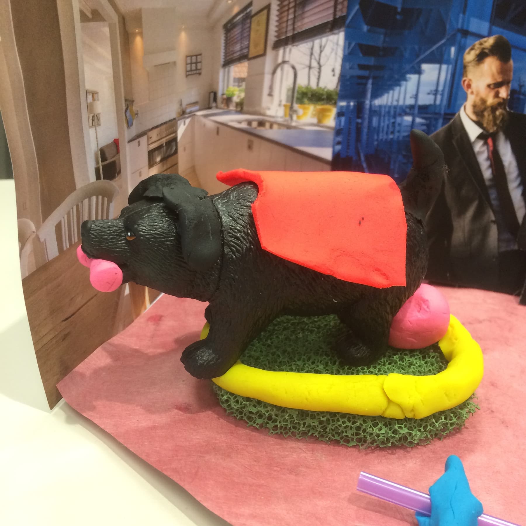 A pregnant dog in a diorama speculating about interspecies
surrogacy.
