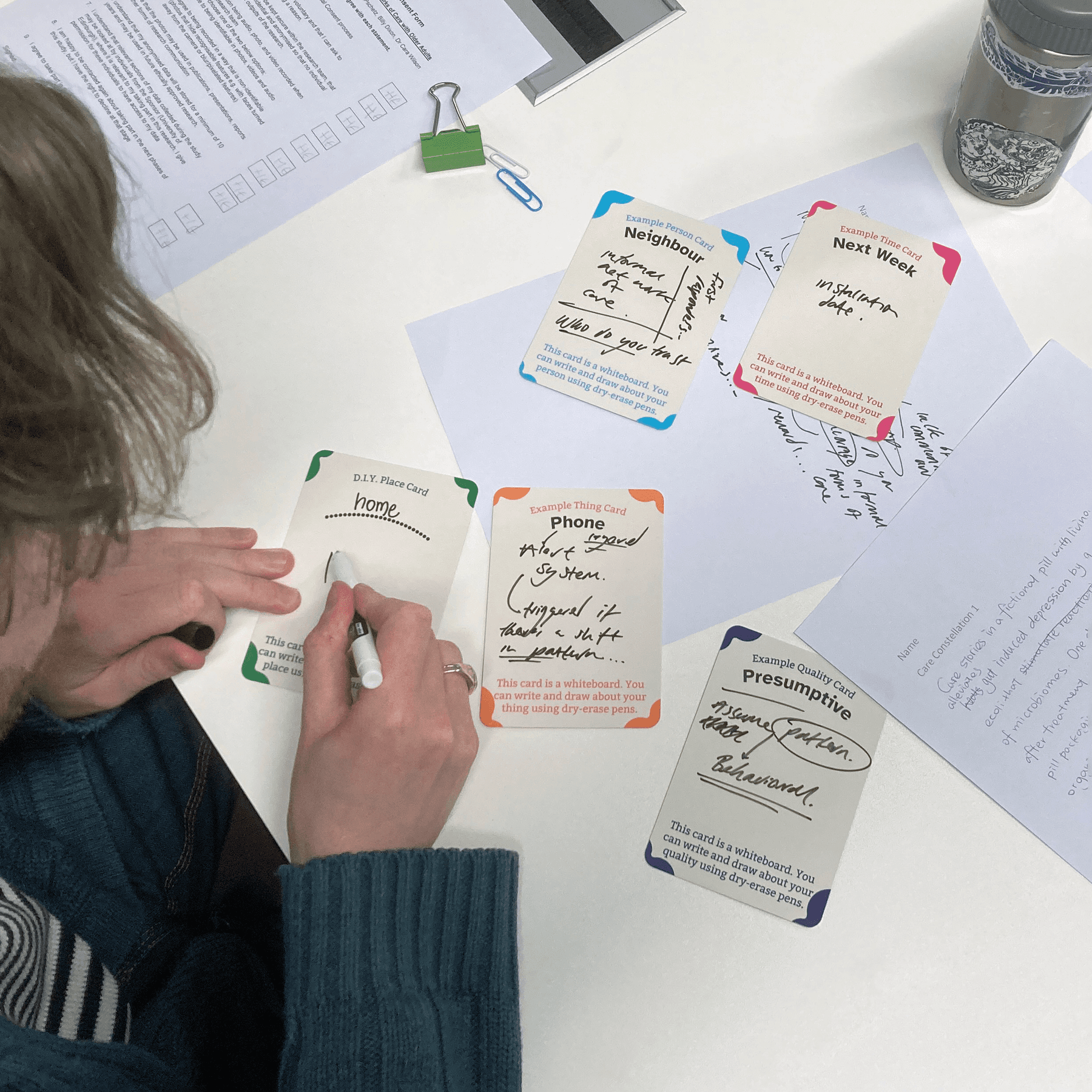 A workshop participant annotates their cards.