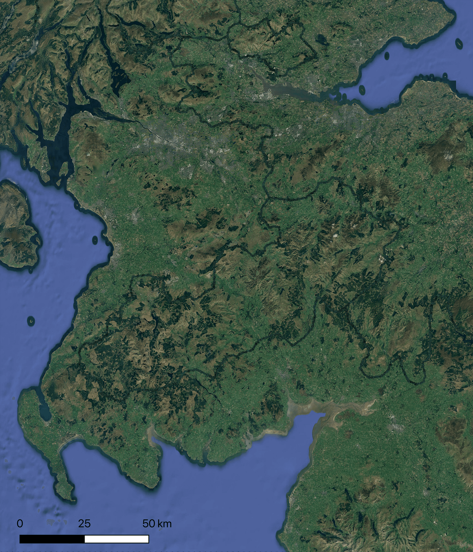 A satellite image of the Scottish Borders with the path of the Forest
Highway layered on top.