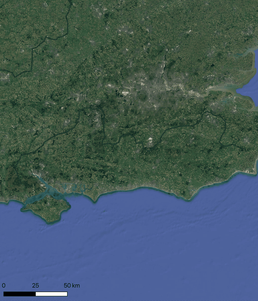 A satellite image of South-East England with the path of the Forest Highway
layered on top.