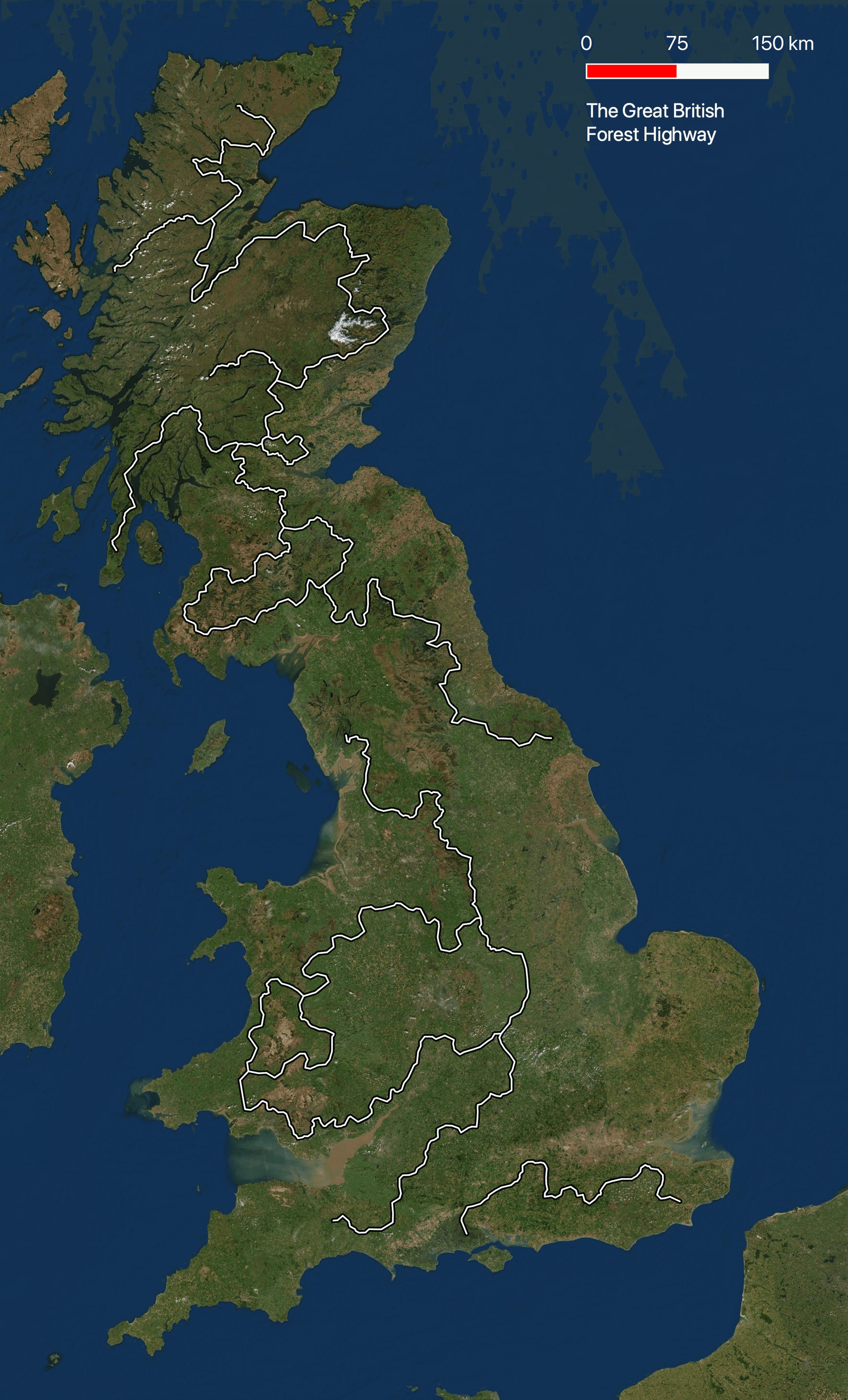 A satellite map of Great Britain, with a proposed path for the Forest
Highway layered on top.