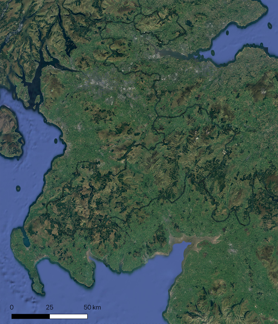 A satellite image of the Scottish Borders with the path of the Forest
Highway layered on top.