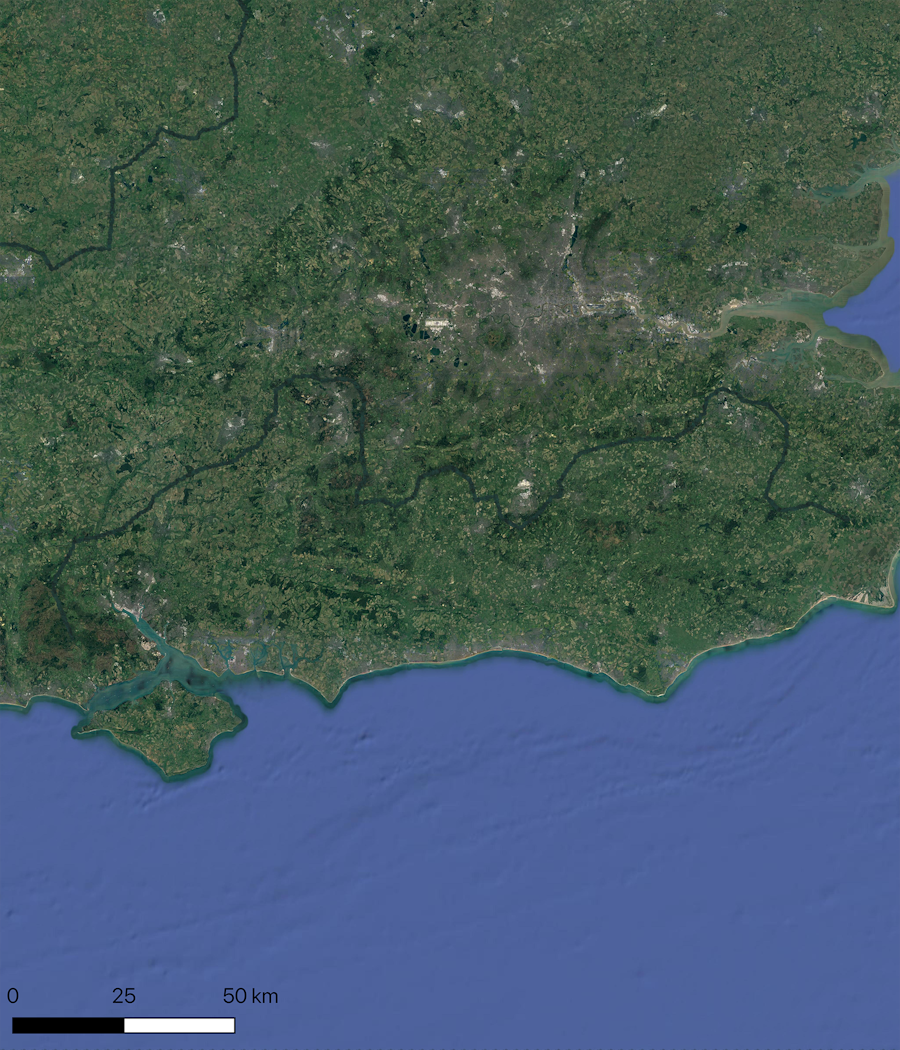 A satellite image of South-East England with the path of the Forest Highway
layered on top.