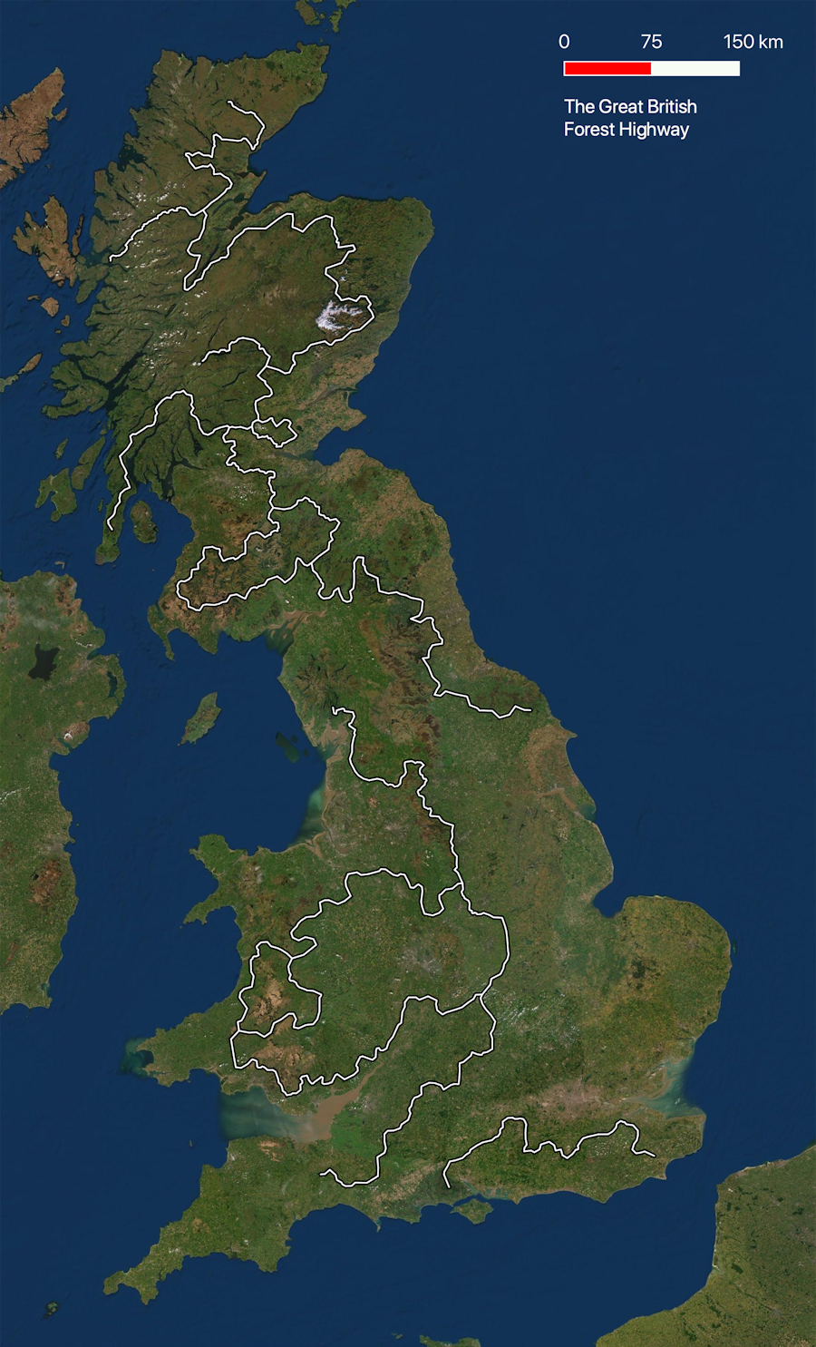 A satellite map of Great Britain, with a proposed path for the Forest
Highway layered on top.