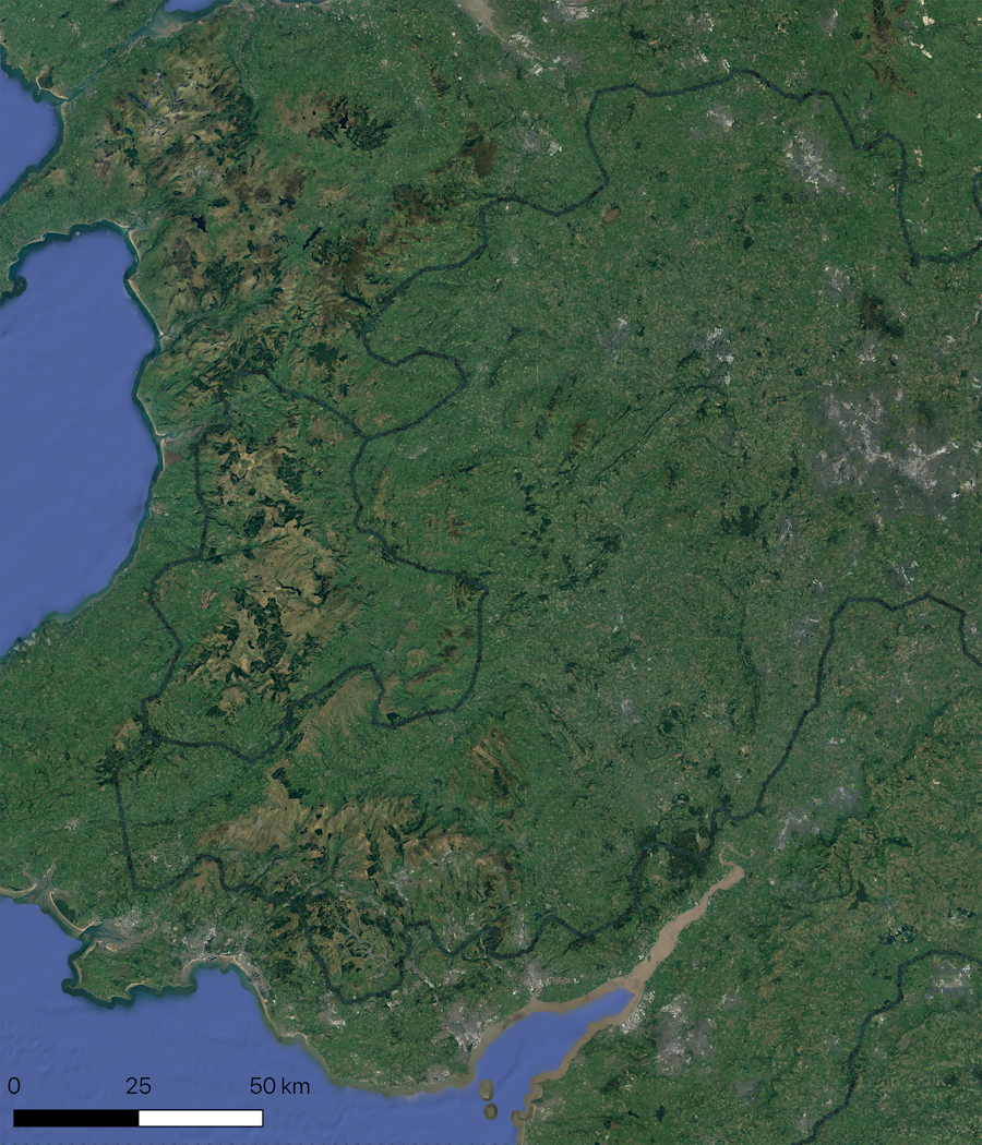 A satellite image of South Wales with the path of the Forest Highway layered
on top.